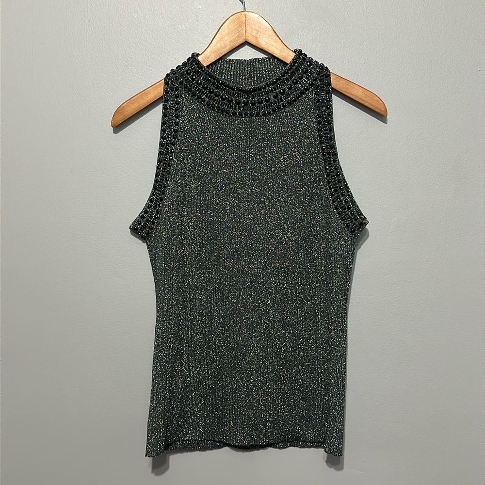 Grace Elements Embellished Tank Jeweled Neckline/Armholes Silver Sheen EUC!